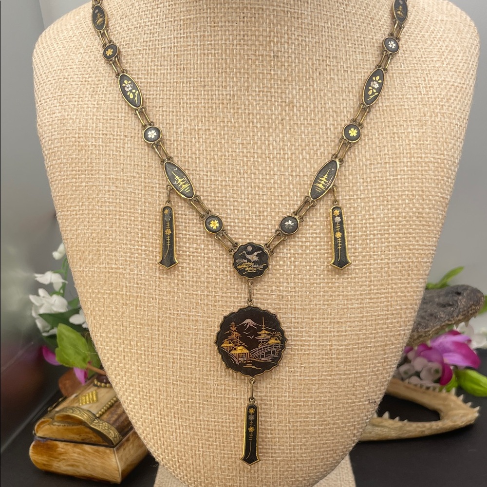 Japanese damascene story panel necklace vintage B30 🔥